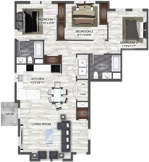 Floor plan for 3 beds, 2 baths, 1232 sqft